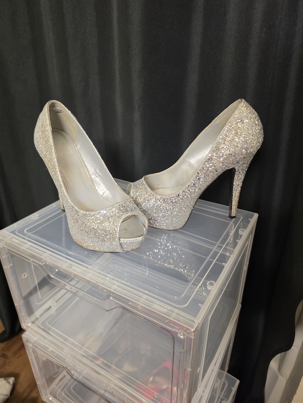 Sparkling Silver Peep-Toe Platform High Heels